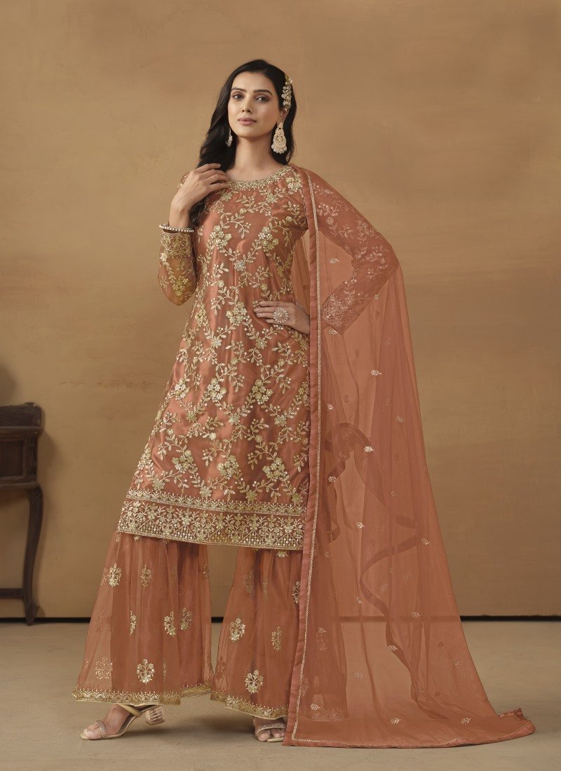 Orange Satin Sharara Suit With Embroidery Work