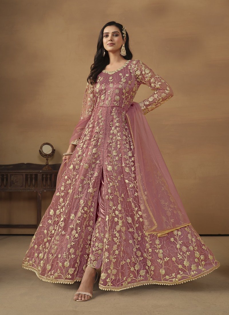 Pink Center Slit Anarkali Suit With Embroidery Work