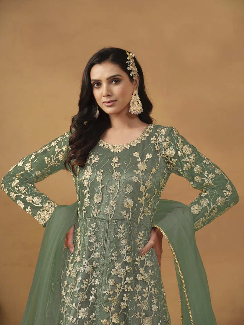 Green Center Slit Anarkali Suit With Embroidery Work-2