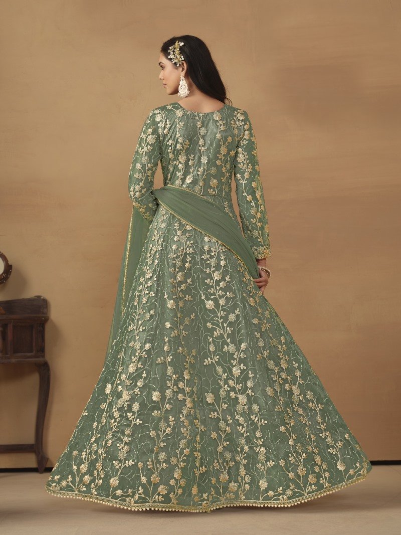 Green Center Slit Anarkali Suit With Embroidery Work-2