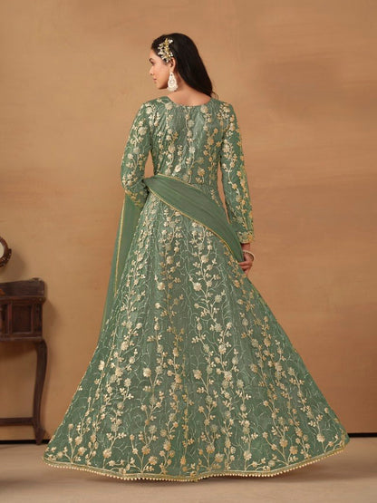 Green Center Slit Anarkali Suit With Embroidery Work-2