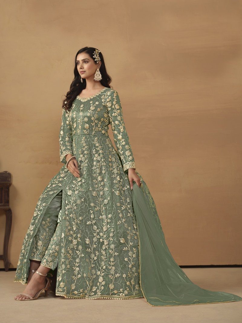 Green Center Slit Anarkali Suit With Embroidery Work-2