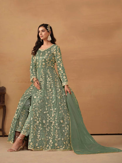 Green Center Slit Anarkali Suit With Embroidery Work-2