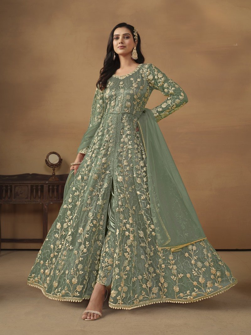 Green Center Slit Anarkali Suit With Embroidery Work