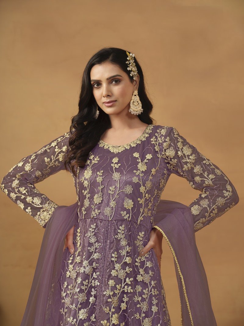 Purple Center Slit Anarkali Suit With Embroidery Work-2