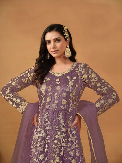 Purple Center Slit Anarkali Suit With Embroidery Work-2