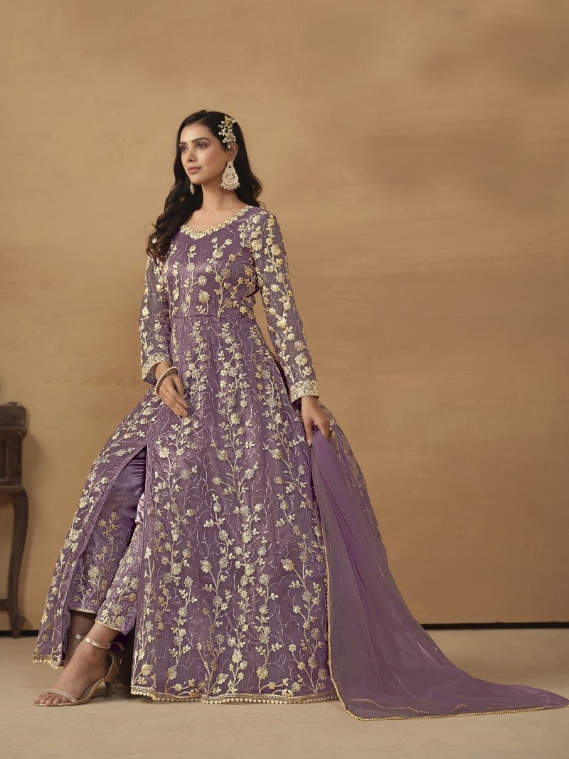 Purple Center Slit Anarkali Suit With Embroidery Work-2