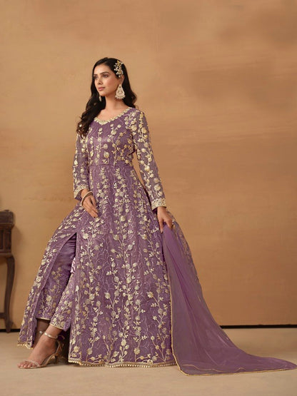 Purple Center Slit Anarkali Suit With Embroidery Work-2