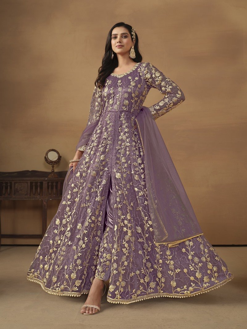 Purple Center Slit Anarkali Suit With Embroidery Work