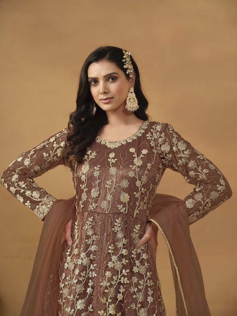 Brown Center Slit Anarkali Suit With Embroidery Work-2