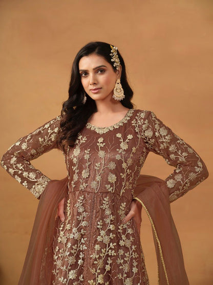 Brown Center Slit Anarkali Suit With Embroidery Work-2