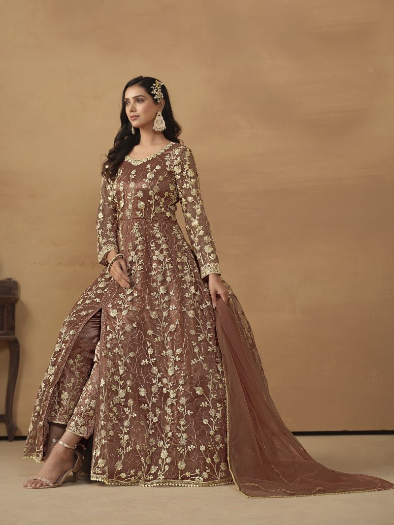 Brown Center Slit Anarkali Suit With Embroidery Work-2