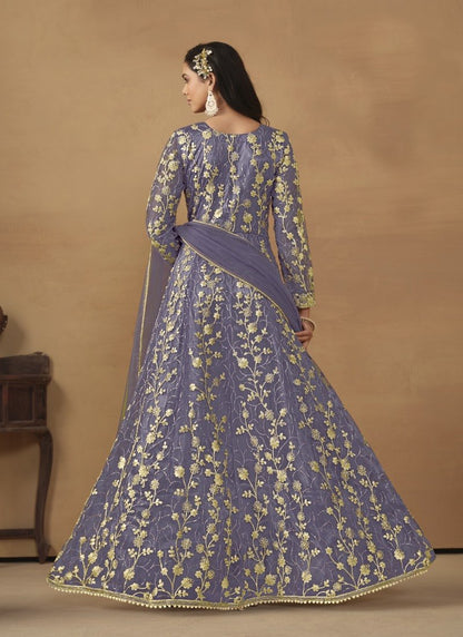 Blue Center Slit Anarkali Suit With Embroidery Work