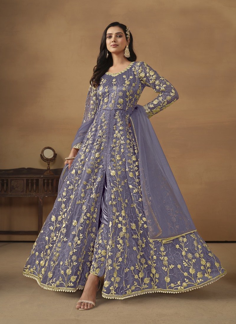 Blue Center Slit Anarkali Suit With Embroidery Work