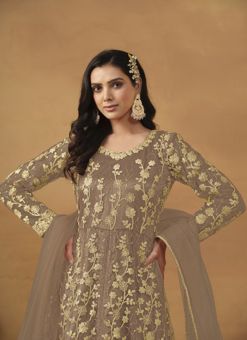 Brown Center Slit Anarkali Suit With Embroidery Work