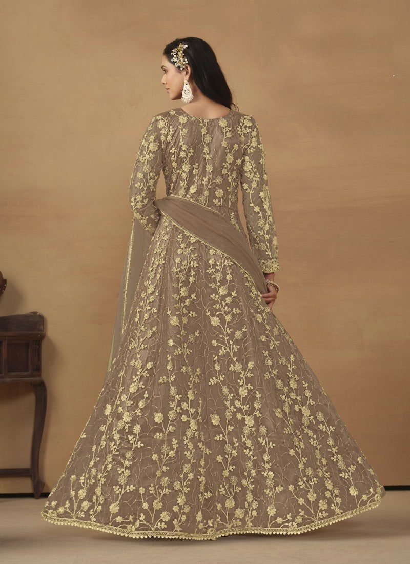 Brown Center Slit Anarkali Suit With Embroidery Work