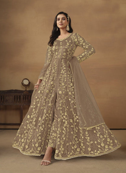 Brown Center Slit Anarkali Suit With Embroidery Work