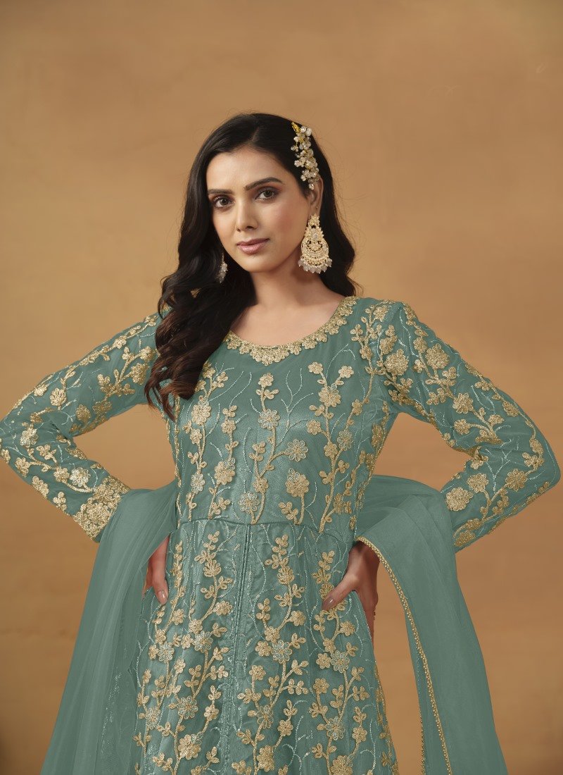 Sea Green Center Slit Anarkali Suit With Embroidery Work