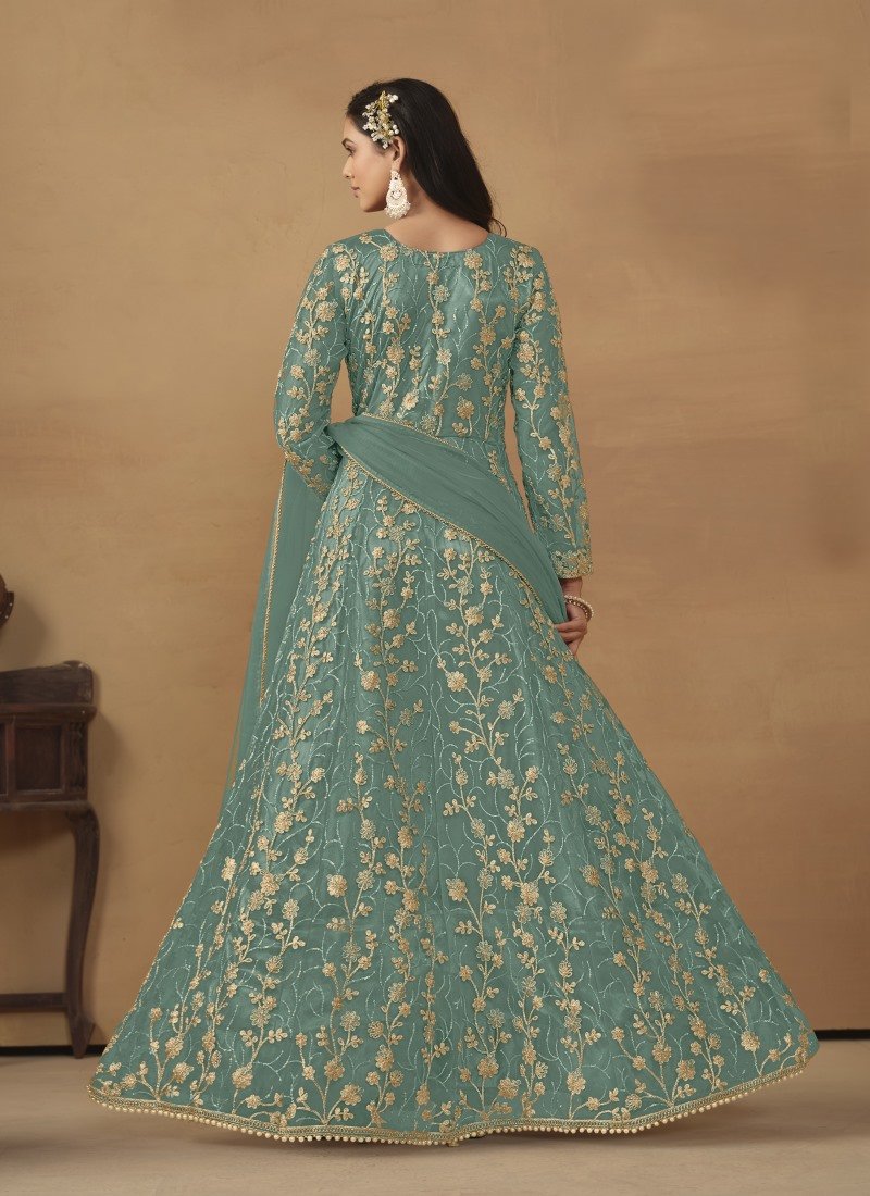 Sea Green Center Slit Anarkali Suit With Embroidery Work