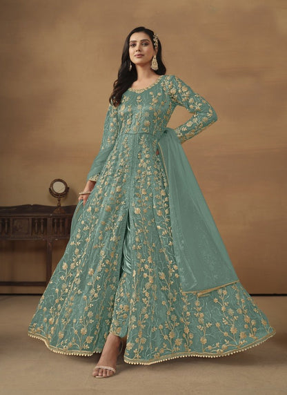 Sea Green Center Slit Anarkali Suit With Embroidery Work