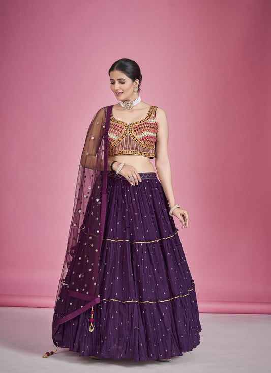 Purple Georgette Ghagra Choli With Thread, Sequins and Mirror Work