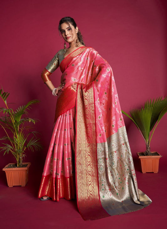 Pink Kanjivaram Silk Saree With Contrast Border