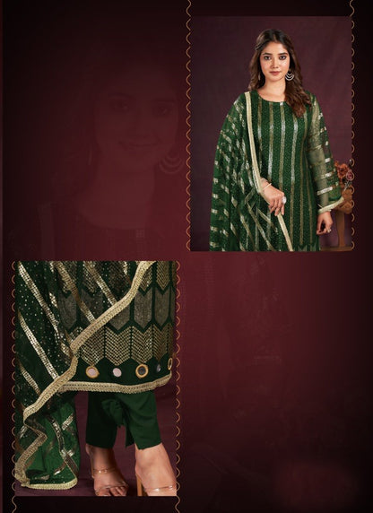 Green Pant Style Salwar Suit with Thread and Sequins Work-2