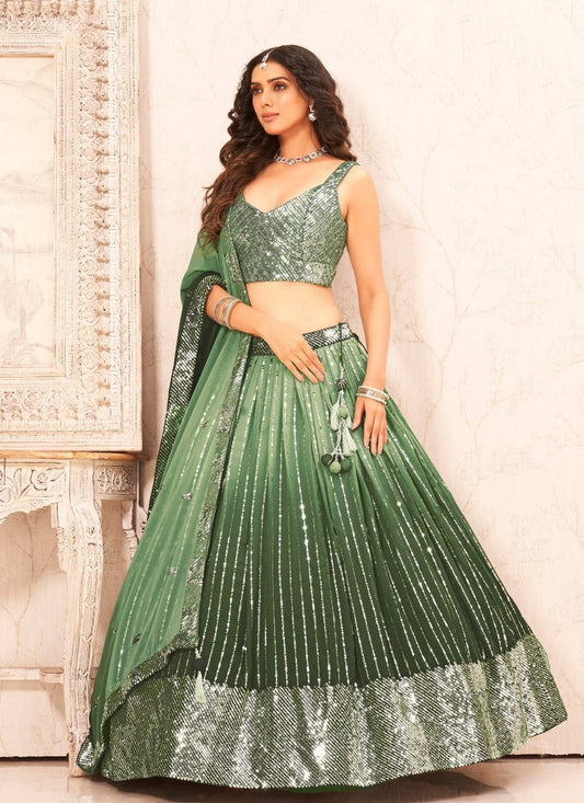 Pista Green Georgette Embroidered Lehenga Choli