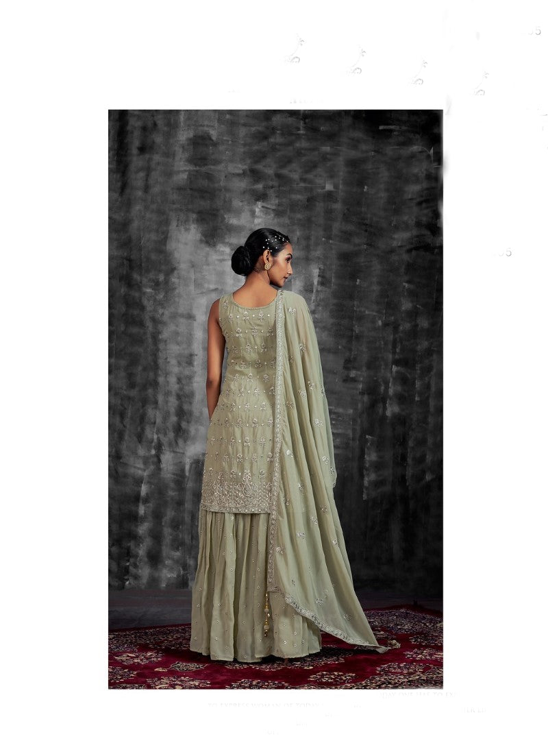 Pista Green Georgette Sharara Suit with Mirror, Zari and Thread Work-2