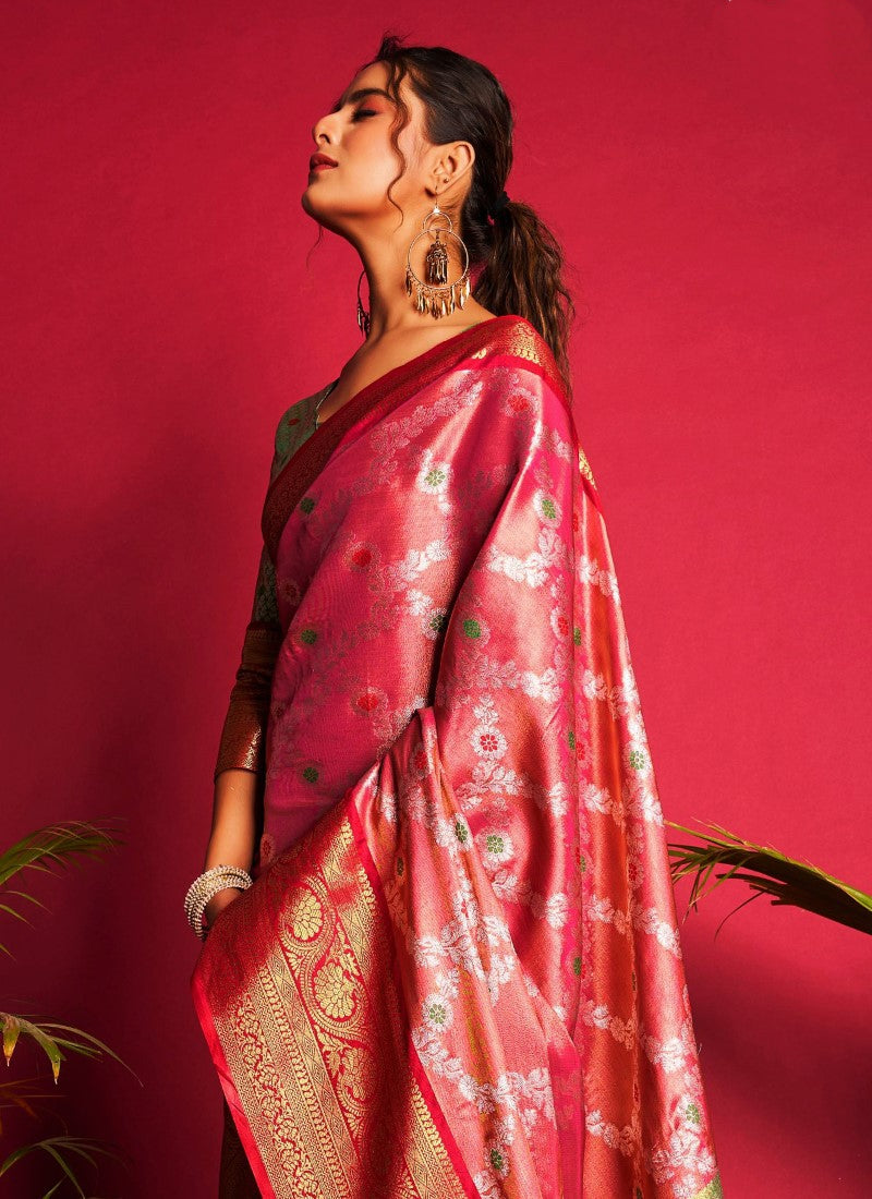 Red Kanjivaram Silk Saree With Contrast Border-2