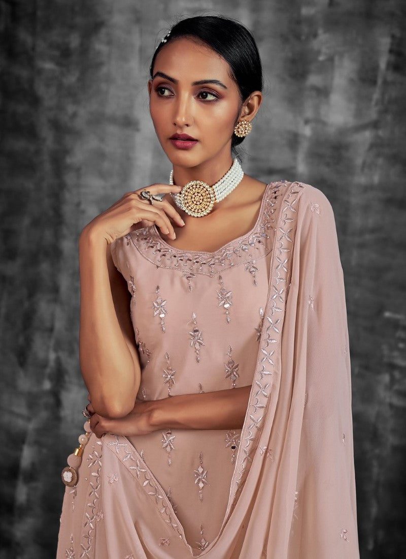 Peach Georgette Sharara Suit with Mirror, Zari and Thread Work-2