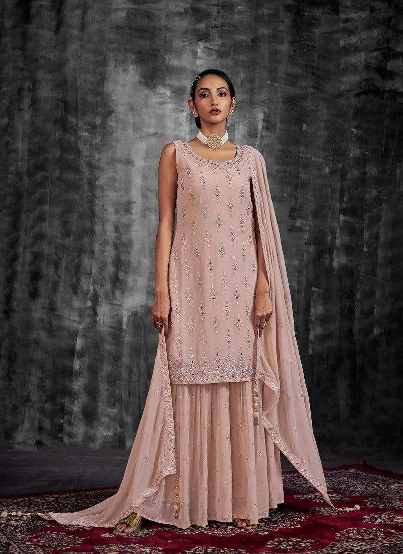 Peach Georgette Sharara Suit with Mirror, Zari and Thread Work