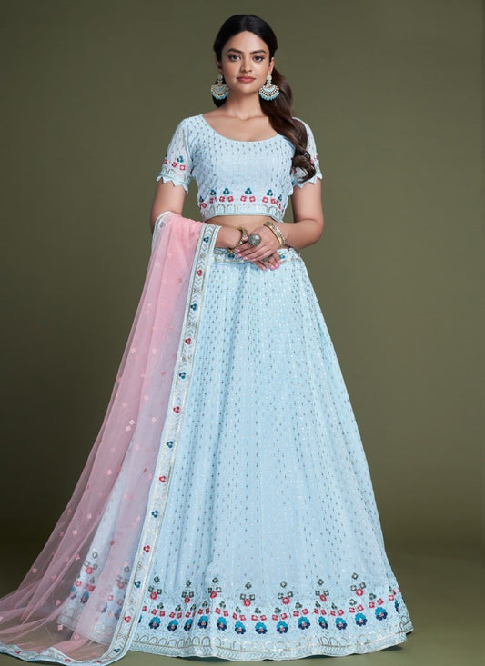 Sky Blue Georgette Party Wear Lehenga Choli With Embroidery and Sequins Work