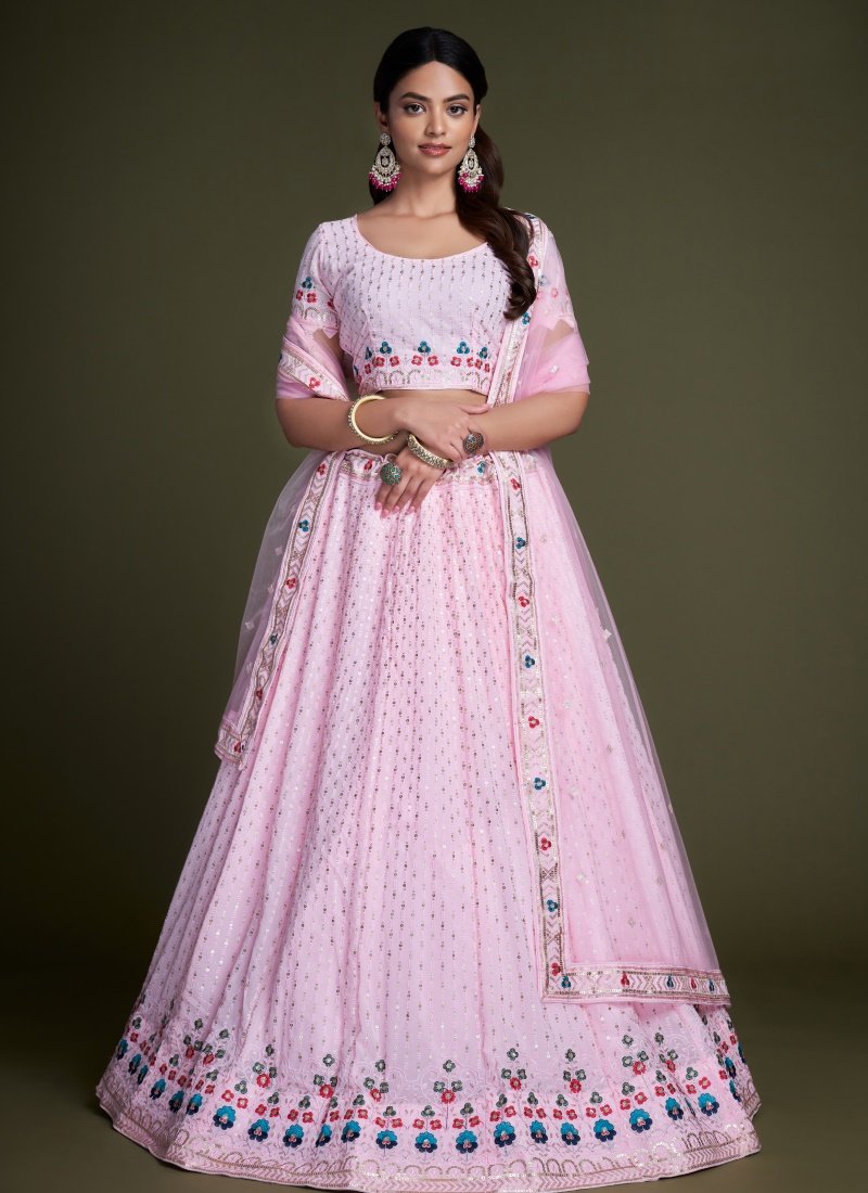 Pink Georgette Party Wear Lehenga Choli With Embroidery and Sequins Work