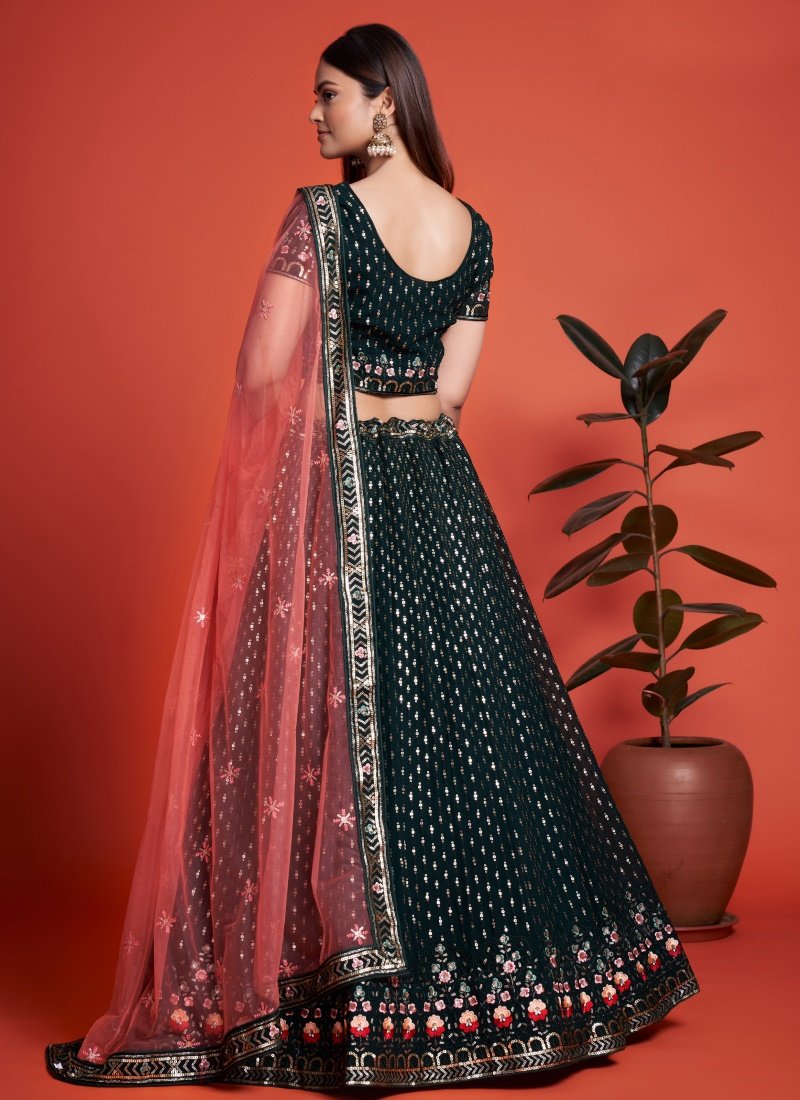 Green Georgette Party Wear Lehenga Choli With Embroidery and Sequins Work-2