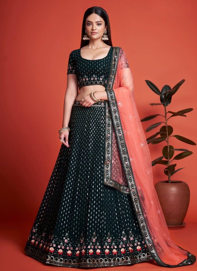 Green Georgette Party Wear Lehenga Choli With Embroidery and Sequins Work