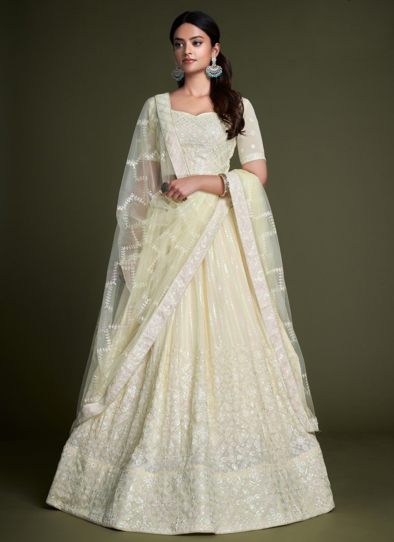 Cream Georgette Party Wear Lehenga Choli With Embroidery and Sequins Work