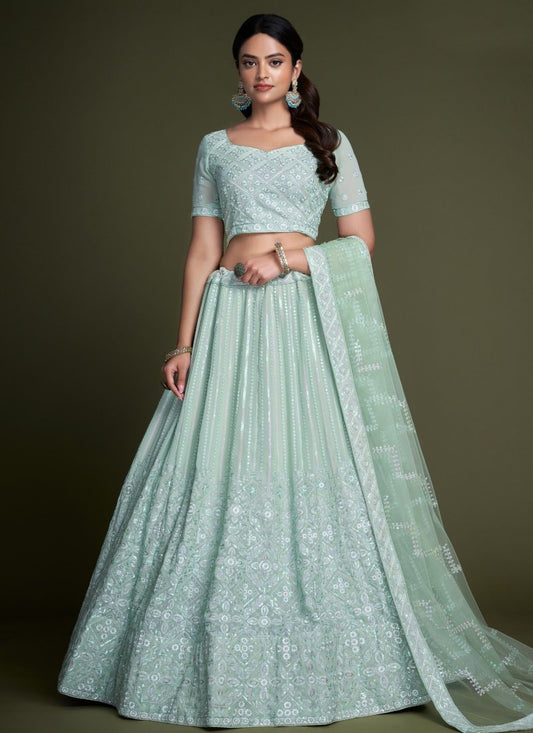 Sea Green Georgette Party Wear Lehenga Choli With Embroidery and Sequins Work