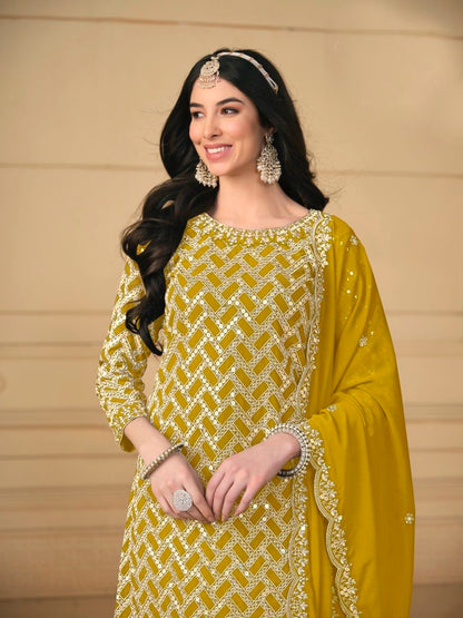 Yellow Georgette Sharara Suit With Embroidered Work-2