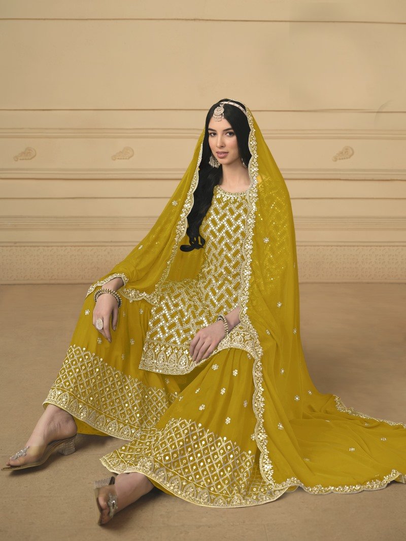 Yellow Georgette Sharara Suit With Embroidered Work-2