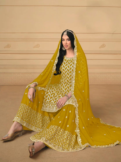 Yellow Georgette Sharara Suit With Embroidered Work-2