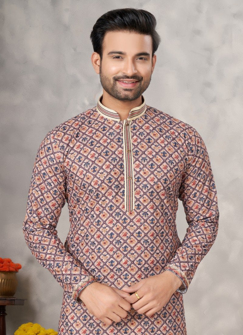 Multi Color Cotton Digital Print Kurta Pajama with Lucknowi, Sequence, Thread and Pintex Work-2