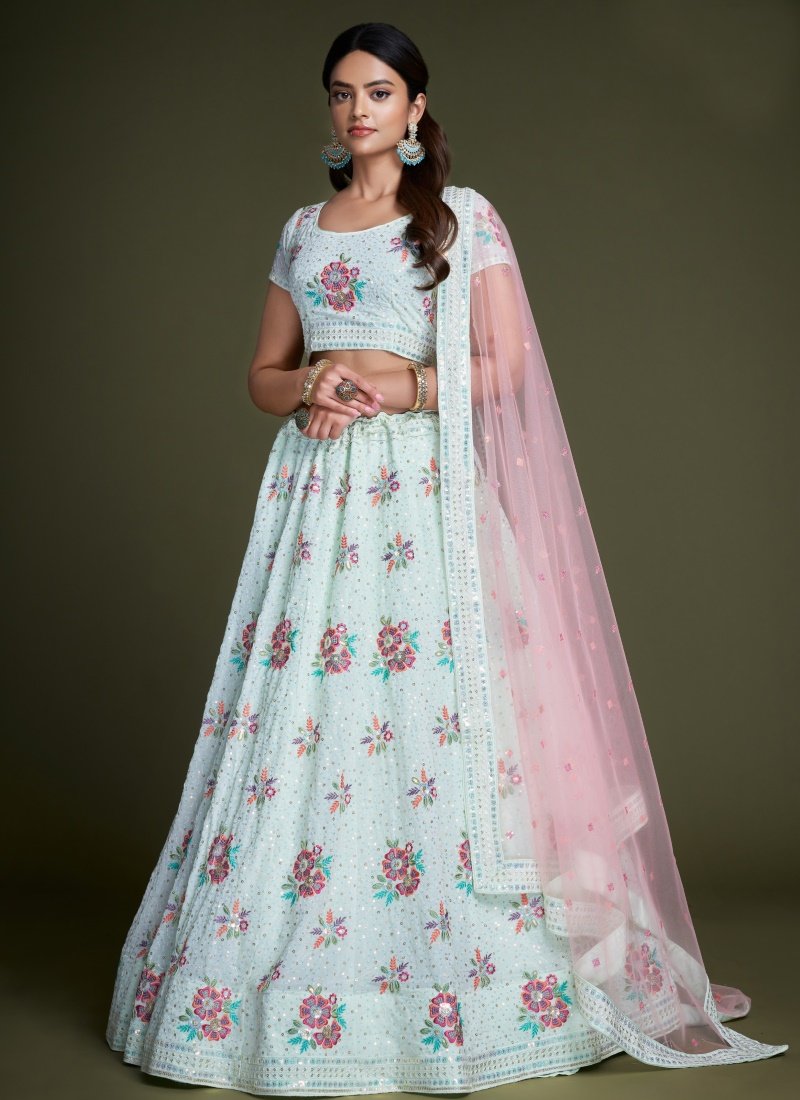 Aqua Blue Georgette Party Wear Lehenga Choli With Embroidery and Sequins Work