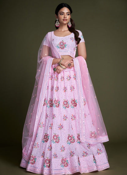 Pink Georgette Party Wear Lehenga Choli With Embroidery and Sequins Work