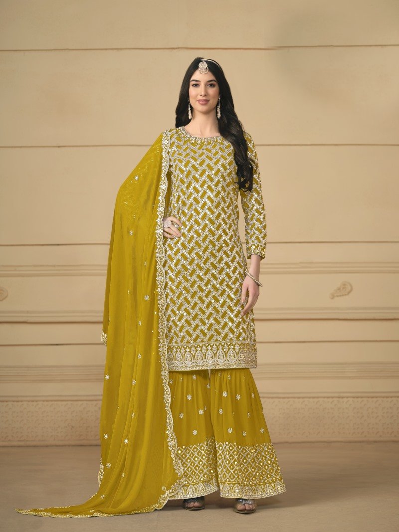 Yellow Georgette Sharara Suit With Embroidered Work-2