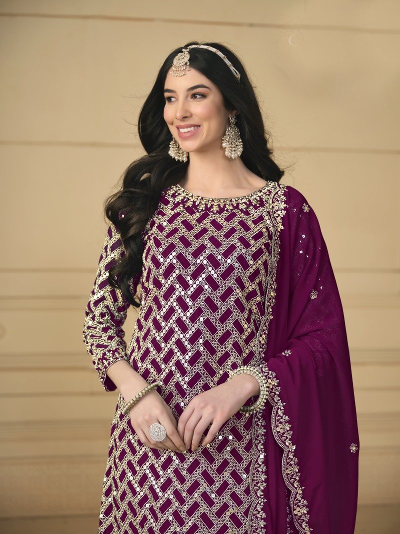 Purple Georgette Sharara Suit With Embroidered Work-2