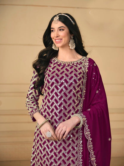 Purple Georgette Sharara Suit With Embroidered Work-2