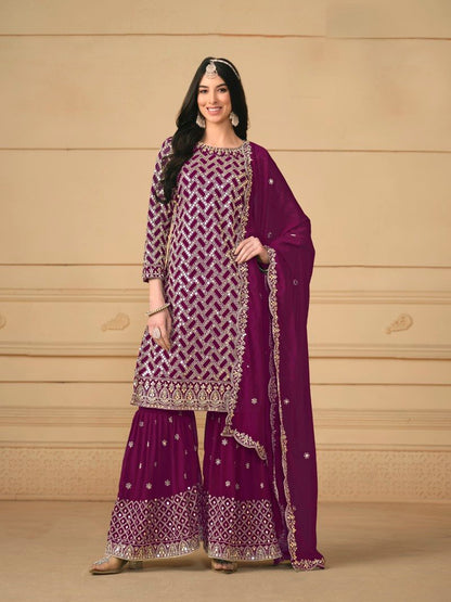 Purple Georgette Sharara Suit With Embroidered Work-2