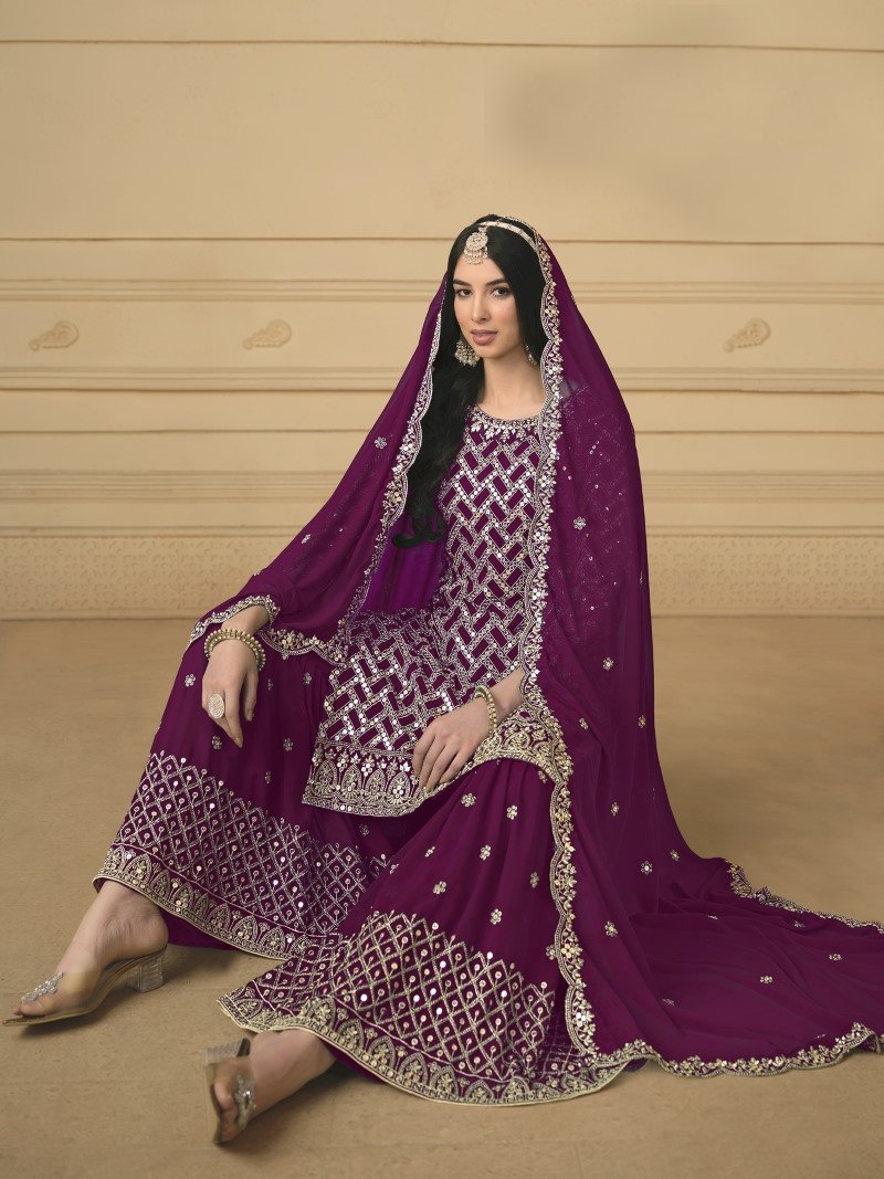 Purple Georgette Sharara Suit With Embroidered Work-2