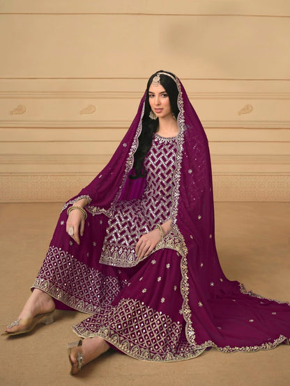 Purple Georgette Sharara Suit With Embroidered Work-2